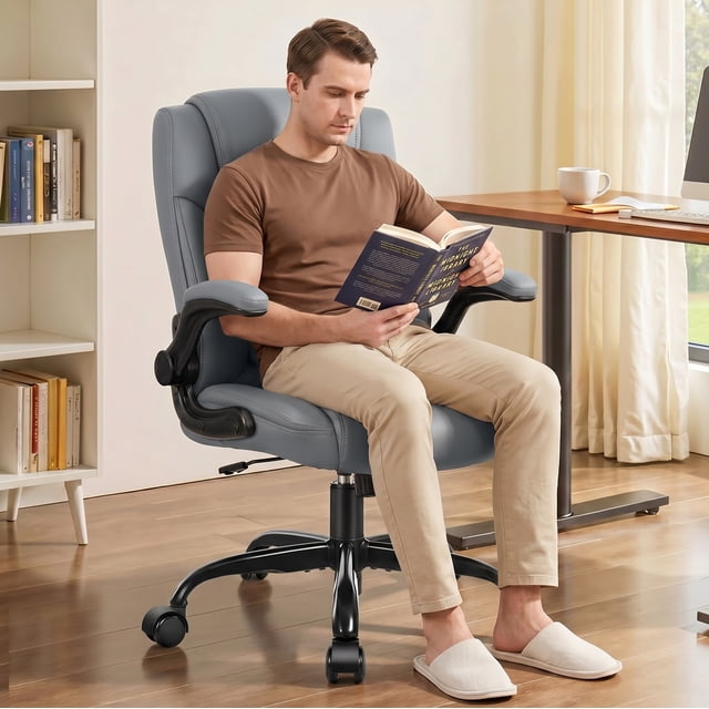 COOLHUT PU Leather Ergonomic Office Chair, Mid Back Home Computer Chair with Flip-up Armrest, Adjustable Height & Back Support, 360° Swivel Gaming Chair with Wheels & Rocking Function, Space Saving