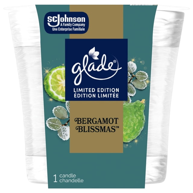 Glade® Bougie Parfumée Désodorisant d'Air, Bergamot BlissmasTM, Petit Cadeau de Bas de Noël dans un Pot en Verre Transparent avec une Étiquette Sarcelle et Or Mettant en Vedette Bergamote et Feuilles d'Eucalyptus Givrées, Édition Limitée par SC Johnson, Convient pour Ajouter une Touche festive à Toute Pièce.