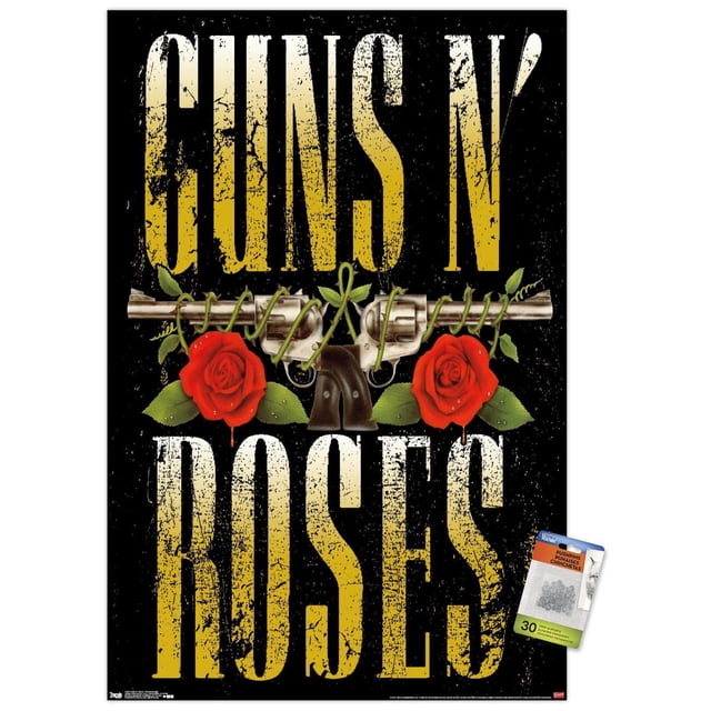 Guns N' Roses - Stacked Logo Wall Poster, 22.375" x 34" featuring distressed yellow text with the band name on black background, crossed silver revolvers entwined with green vines and red roses, printed on glossy poster paper suitable for home or dorm décor.