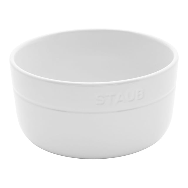 STAUB Dining Line 4 Piece Ceramic Bowl Set in white, featuring four 5-inch, 600ml bowls made of durable, moisture-resistant stoneware with a vitreous glass porcelain-enamel finish. The bowls are scratch-resistant, stackable, and safe for microwave and dishwasher use. Ideal for serving cereal, soup, or salad.