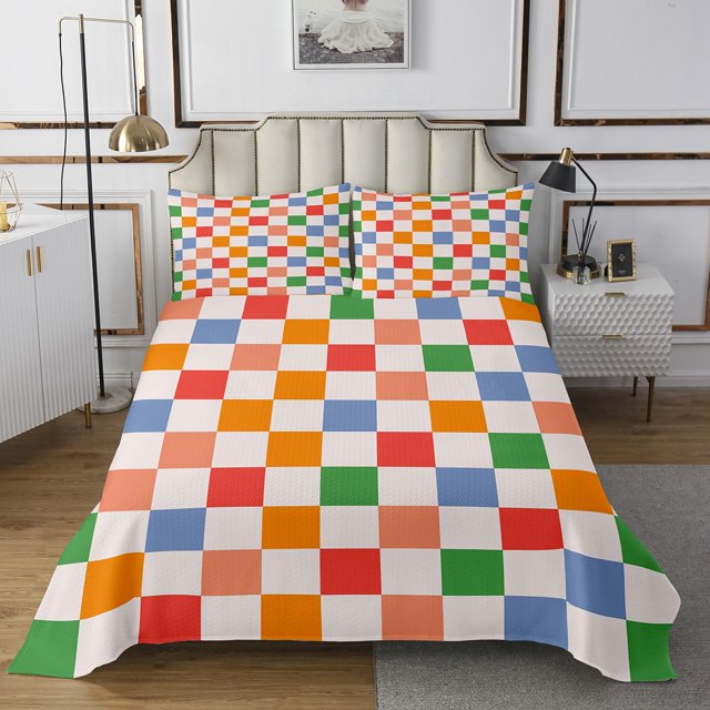 Erosebridal Checkered Gingham Coverlet Set Twin, Colorful Bedding Set, Rectangle Geometry Decor 2pcs