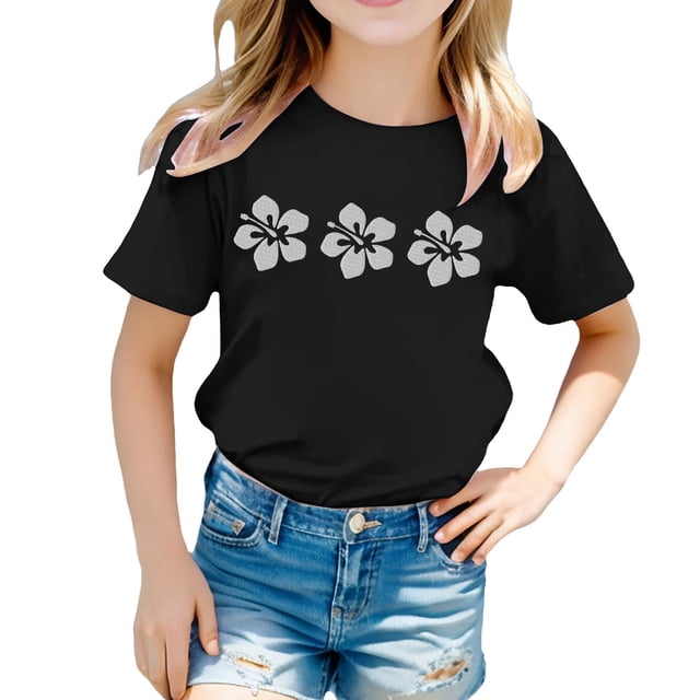 WEIYLL T-Shirt pour Filles Imprimé Floral Col Rond Manches Courtes Décontracté Doux pour Enfants 5-6 Ans