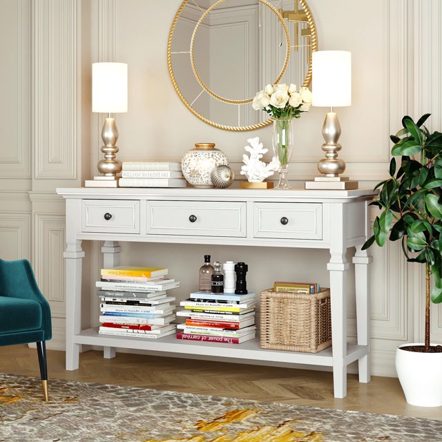 MODERNLUXE Table Console Rétro de 50 Pouces, Table de Sofa, Table d'Entrée avec 3 Tiroirs et Tablette Inférieure Ouverte pour Entrée, Couloir et Salon, Blanc Antique