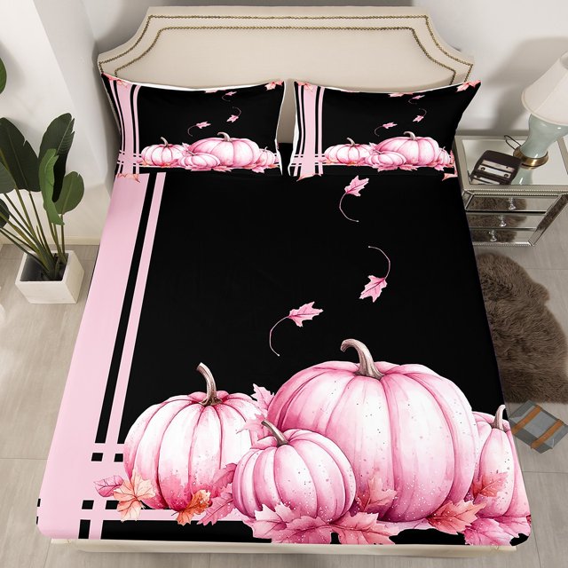 YST Drap-Housse Citrouille d'Automne Format Simple pour Enfants Adultes Ensemble de Literie Récolte d'Automne Joyeuse Action de Grâce Draps Feuilles d'Érable Draps avec 1 Taie d'Oreiller, Rose Noir