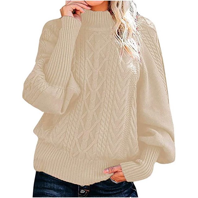 Chandails Décontractés en Tricot pour Femmes, Torsades, Manches Lanterne, Col Montant, Chandails d'Automne et d'Hiver Chauds, Chandails à Enfiler