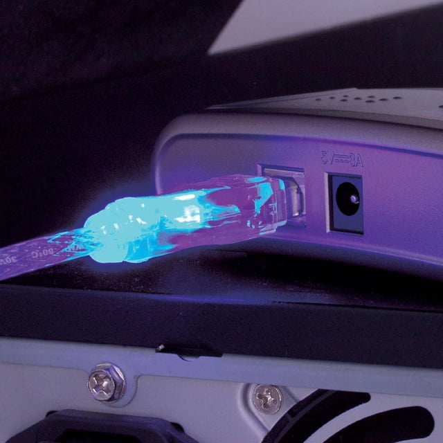 Retail USB 2 AB Light-Up Cable BL, 10ft plugged into a device port, showing a translucent blue USB 2.0 A to B cable that glows with blue LED lights when in use, suitable for computer accessories and connecting peripherals like printers or external drives.