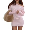 thumbnail image 3 of Loose See-Through Dress Bat Sleeve Off-the-Shoulder Long Sleeve Mini Ruffle Oversized Casual Street Dress Pink S, 3 of 10