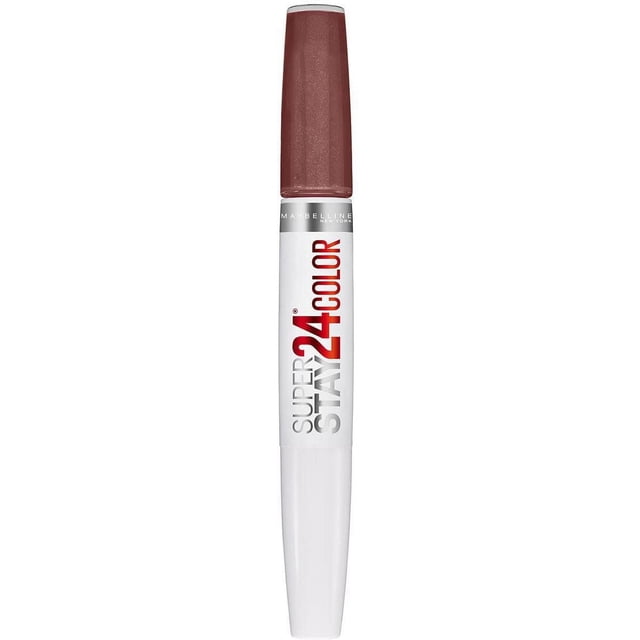 Maybelline New York Superstay Rouge à Lèvres Couleur Vin Éternel, à Double Extrémité avec une Couleur de Lèvres Liquide Vin Profond et un Baume Blanc Ultra-Conditionnant, Conçu pour Longue Tenue Sans Décoloration Ni Transfert, avec Marquage Argent et Rouge sur le tube Blanc.