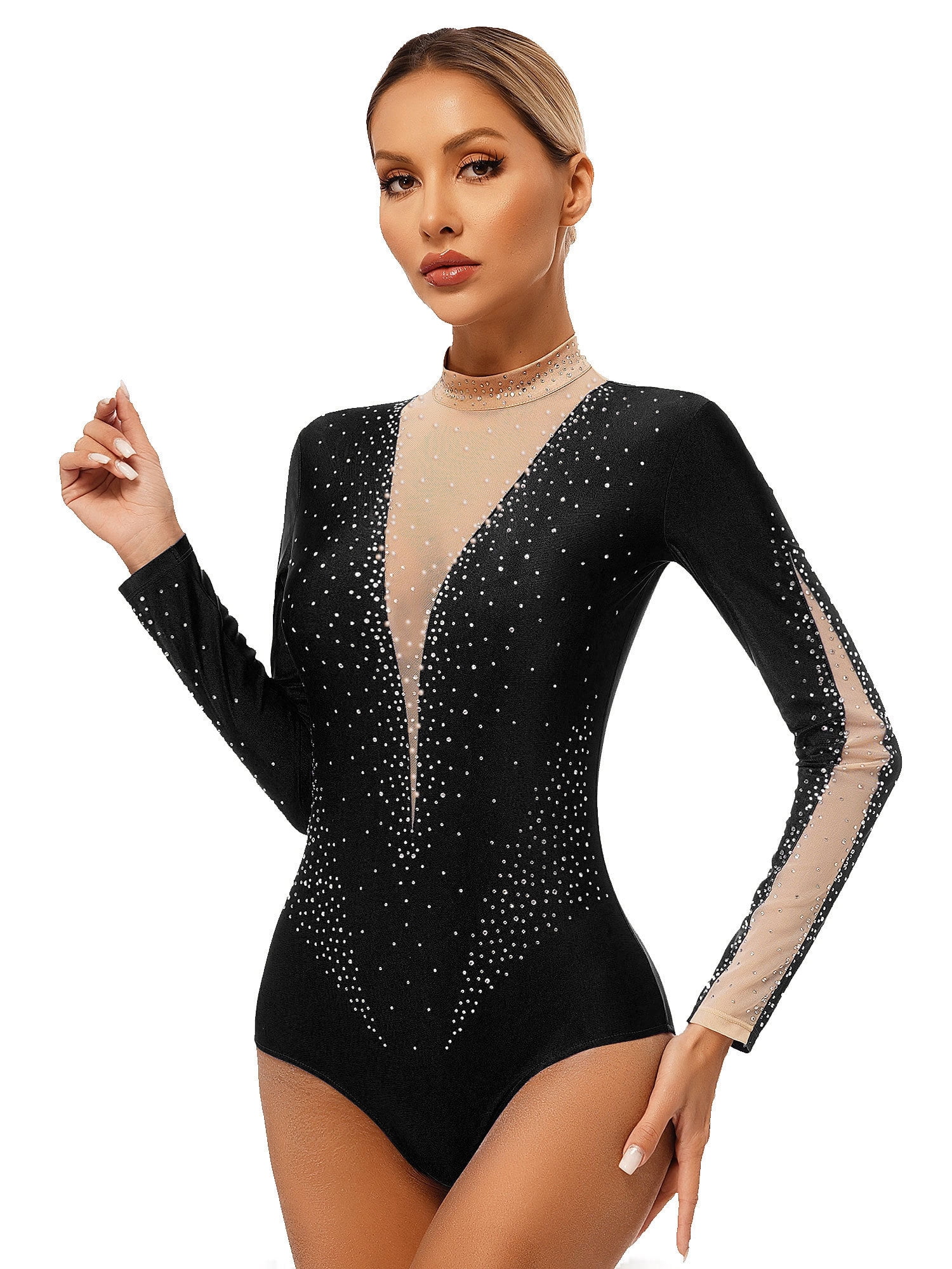 RUNQHUI Women's Long Sleeve Gymnastics Leotard Shiny Rhinestone Bodysuit for Acrobattics Performance 04Black XXL