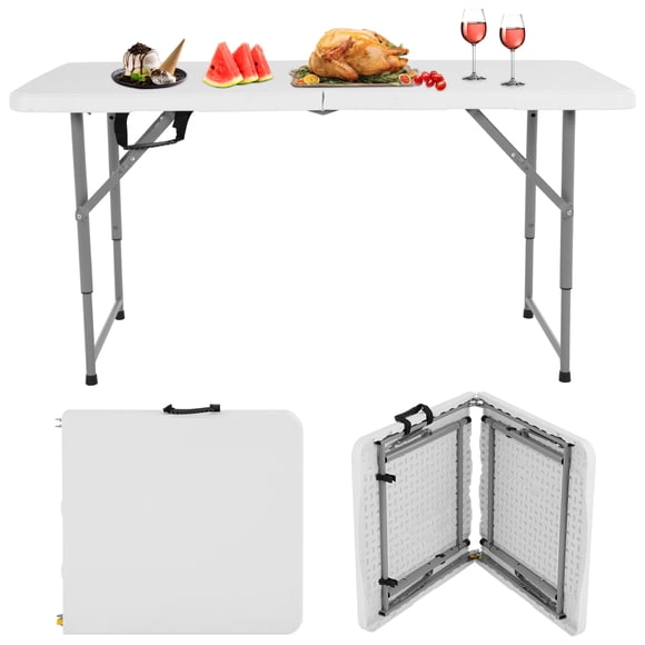 NiamVelo 4 ft Folding Table Plastic Portable Tables w/Handle, Adjustable Height Camping Table for Home Office Party Picnic, White