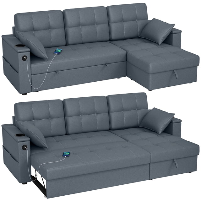 HOMCOM Sofa Bed, Pull Out Sleeper Couch with USB Ports, Chaise Storage