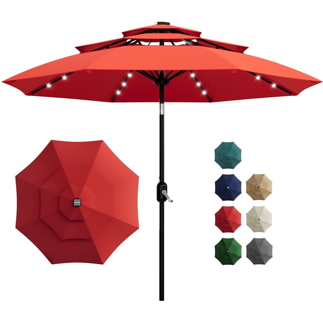 Yiwa 10ft Solar Patio Umbrella Offers a 3-Tier Design With Built-In Led Lights, Easy Crank And Push Button Tilt, Vented Top, And 8 Durable Ribs, Making It Ideal For Your Pool