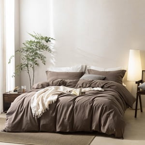 Bdear Linen Feel Duvet Cover Queen Size 100% Washed Cotton Comforter Cover Size 90X90Inch With Zipper Closure And 2 Pillowcases Solid-Light Brown