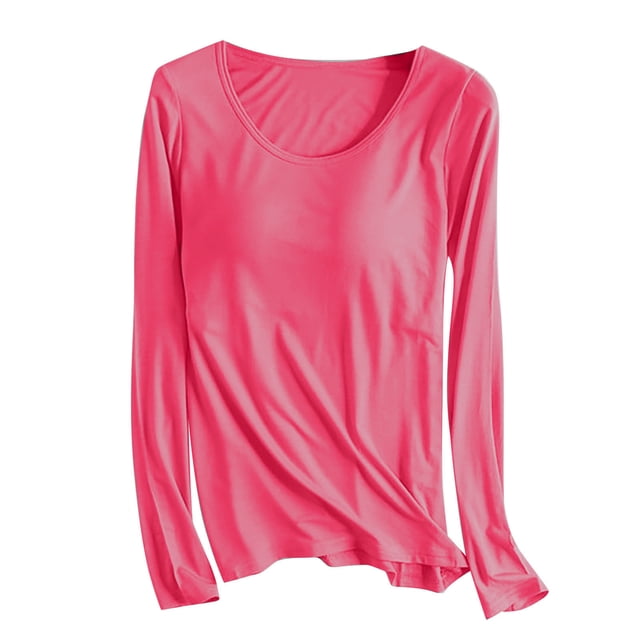 AherBiu Hauts Grande Taille pour Femmes Automne Manches Longues Haut de Pyjama Doux avec Soutien-Gorge Intégré Col Ras du Cou T-Shirts de Pyjama Confortables