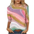 thumbnail image 1 of FAIWAD Femmes Bloc de Couleur 3/4 Chemises Col Rond Blouses Décontractées Élégantes Grande Taille Tunique de Sortie, 1 of 5