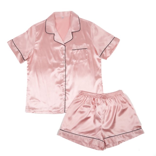 Women’s Short Sleeve Button Down Silky Satin Pajamas For Adults - 2 Piece Shorts Set, Sizes Small To X-Large