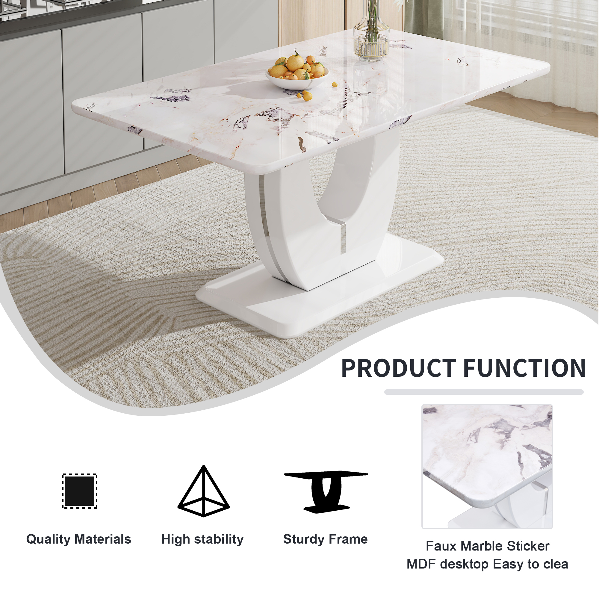 Noble House Table de salle à manger moderne en MDF 160 cm, plateau texturé marbre gris, blanc