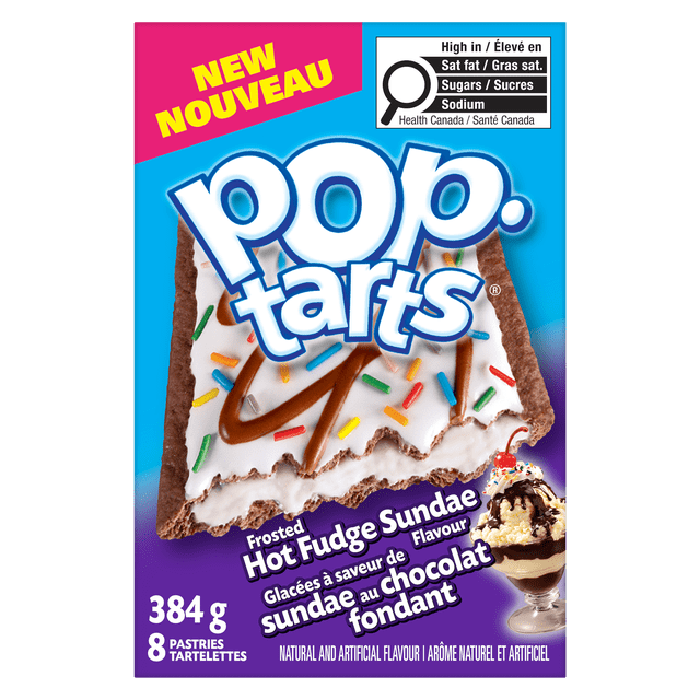 Pop-Tarts Boîte de Pâtisseries Saveur Sundae au Fudge Givré et Piquant Montrant un Gros Plan d'Une Pâtisserie Grille-Pain à Croûte de Chocolat avec Glaçage Blanc, Versement de Fudge et Pépites Colorées, 384 g avec 8 Pâtisseries, Convient comme Collation Sucrée Ou Friandise Rapide, avec Étiquette Nutritionnelle Canadienne.