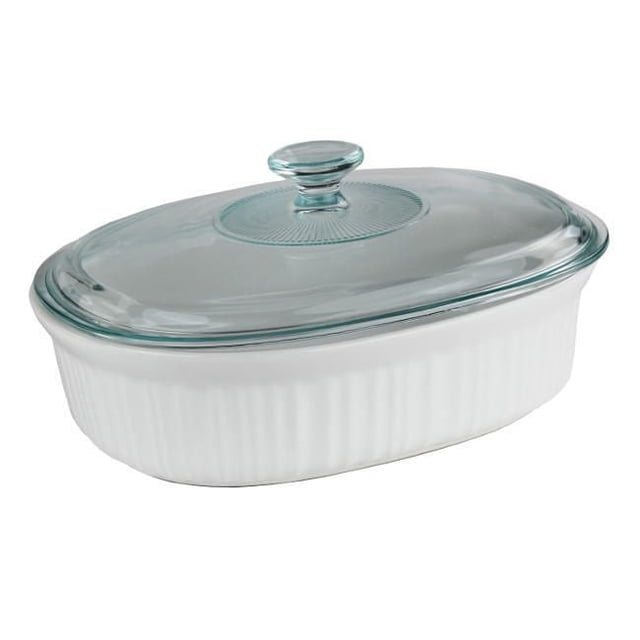 CorningWare™ French White® Baker 2.5QT with white stoneware base featuring vertical ribbing and a clear glass lid with round knob, oven, microwave, freezer, and dishwasher safe, ideal for baking, serving, storing, and one-dish family meals.