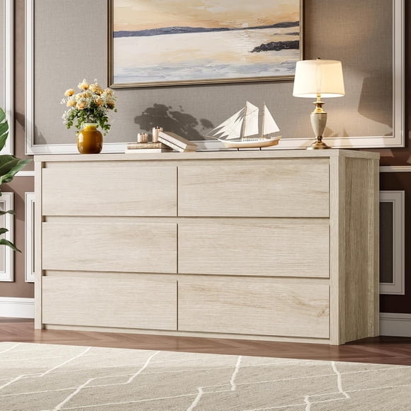 6 Drawer Dresser for Bedroom, Wide Wood Chest of Drawers Handle Free, Large Modern Dresser Storage Cabinet for Living Room, Hallway Entryway