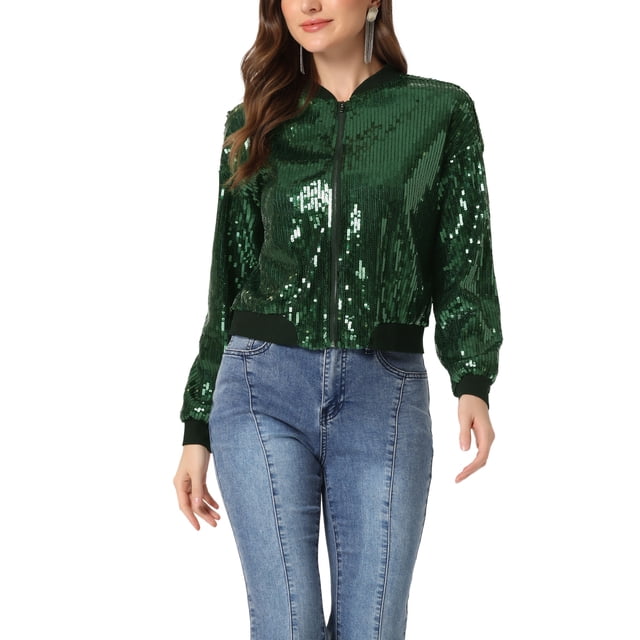 INSPIRE CHIC Women's Sequin Jacket Zipper Closure Hidden Pockets Bomber Jacket Dark Green L