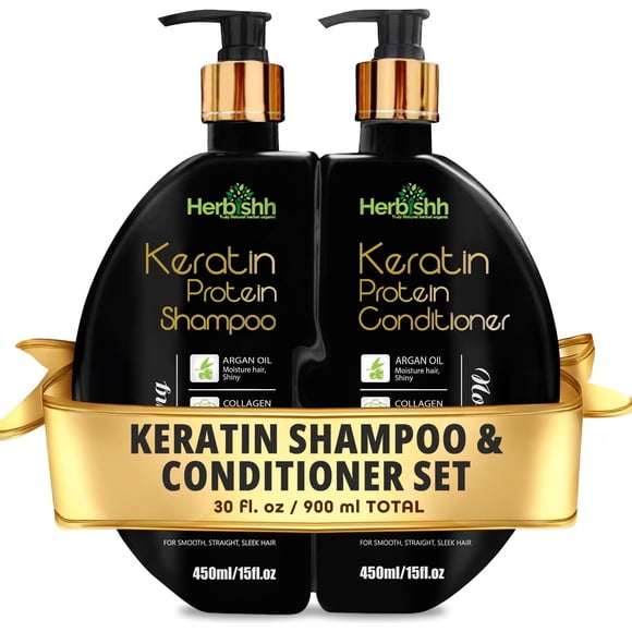 Herbishh Shampooing et Revitalisant à la Kératine – Duo de 2 Flacons de 450 ml pour Hommes et Femmes – Sans Sulfates, Hydratant et Fortifiant pour Cheveux Secs, Abîmés Ou Colorés – Huile d'Argan, Jojoba et Collagène