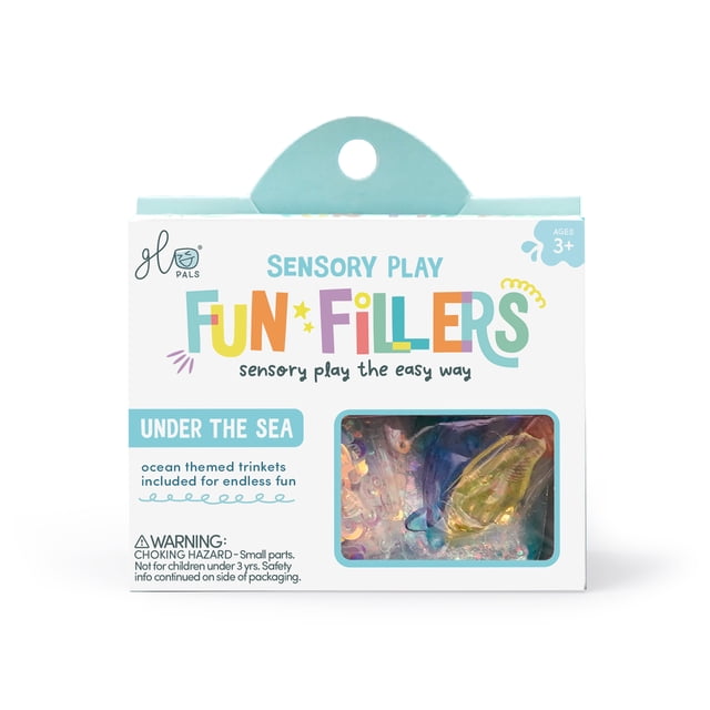 Glo Pals Fun Fillers Jouet Sensoriel pour Enfants, à Thème « sous la Mer ». l'Emballage Présente un Texte Coloré et une Fenêtre Transparente Affichant des Bibelots à Thème Océan, Incluant des Formes de Poisson et des Pièces Texturées. Conçu pour l'Exploration Sensorielle et la Créativité, Convient aux 3 Ans et Plus.