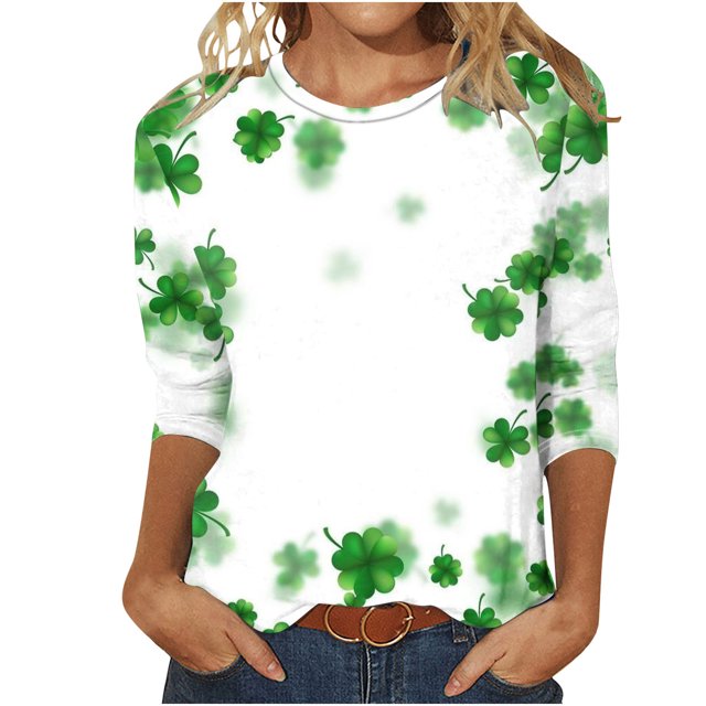 Besolor Hauts pour Femmes de la Saint-Patrick Tendance Manches 3/4 T-Shirts Imprimés Shamrock Col Rond Mignon Tunique de la Saint-Patrick T-Shirt Hauts
