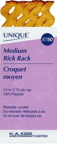UNIQUE Medium Rick Rack Polyester 6 mm (0.24 in) × 2.3 m (1/4 in × 2.5 yd), Yellow, Gold