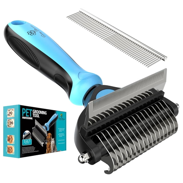 2 in 1 Professional Grooming Rake for Cats & Dogs in blue, designed with a dual head featuring 17 teeth for cutting mats and tangles and 87 teeth for shedding and thinning. The ergonomic anti-slip handle ensures comfortable use, and the rounded stainless steel teeth prevent scratching while effectively removing up to 97% of dead hair. Ideal for medium to large dogs with single or double coats, such as Labradors, Huskies, and German Shepherds. Includes a grooming comb and branded packaging.