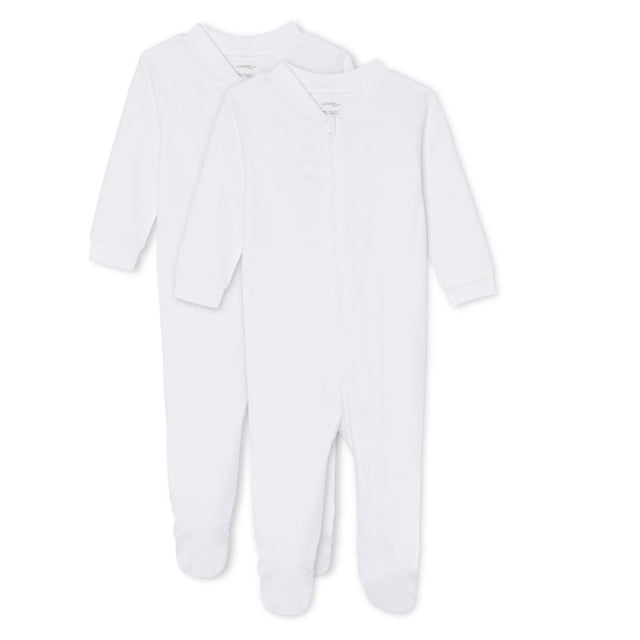 George Infants' Unisex Sleeper 2-Pack with two white 100% cotton sleepers featuring full-zip closures, long sleeves with fitted cuffs, and attached footlets, suitable for baby clothing and layette sets, sized 0-12 months.