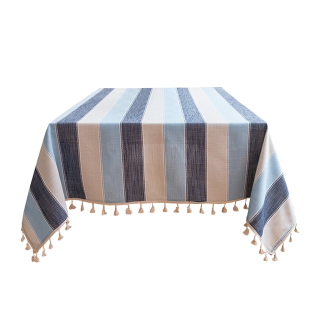 Striped Tablecloth 60x90 Inches Linen Look Mediterranean Blue Rectangular Coffee Kitchen Dining Table Cover Outdoor Party Wrinkle Resistant Multi-Purpose Cloth