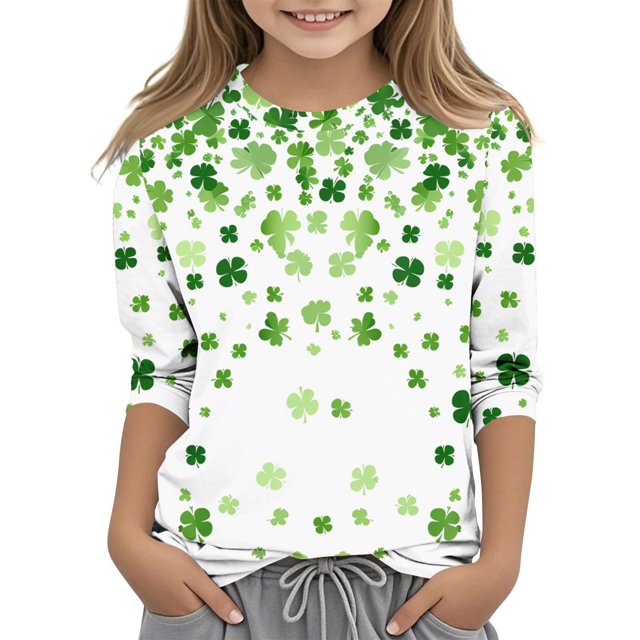 Posijego T-Shirt de la Saint-Patrick pour Filles et Garçons, Manches 3/4, Col Rond, Graphique, Ample, Décontracté