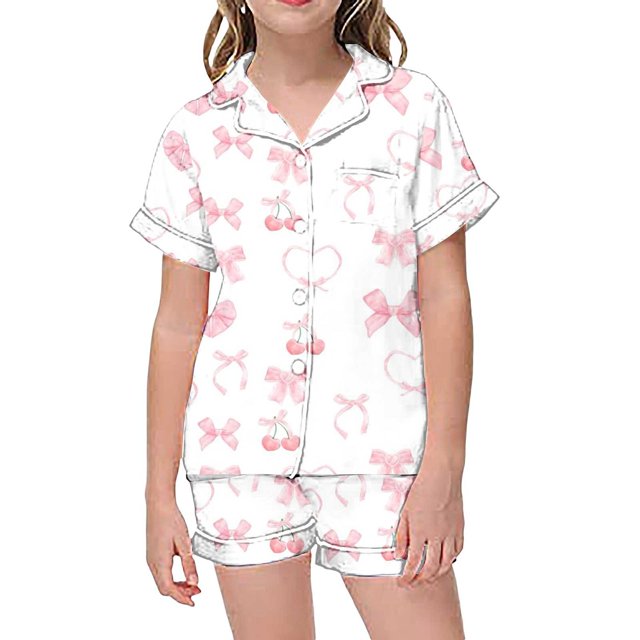 Hiiyo Pyjama pour Filles à Imprimé Nœud, Chemise à Manches Courtes à Boutons, Short, Tenue de Nuit, Pyjama, Tailles 2-13