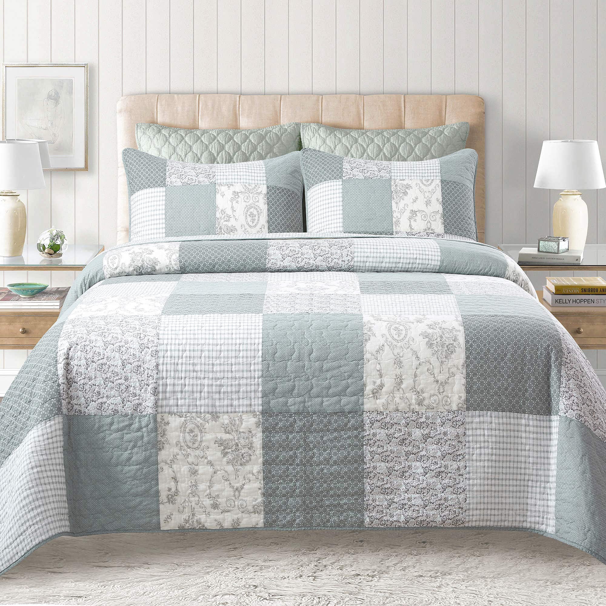 Soul & Lane Memory Lane 3-Piece Cotton Quilt Set - Queen Size with 2 Shams, Sage Green Patchwork Quilted Comforter, Lightweight Country Pieced Bedspread, Neutral Modern Farmhouse Bedding