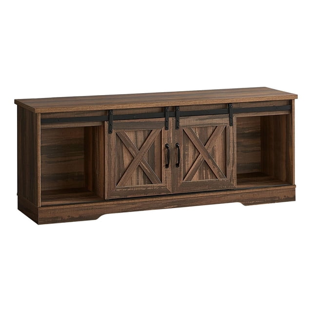 Monarch Specialties TV stand, 60 inch media console in brown reclaimed wood-look laminate with two barn-style sliding doors on black metal track, two wide shelves including one adjustable with cable management opening, and open storage compartments on each side, ideal for living room or bedroom entertainment storage and often used for organizing gaming consoles or media accessories.