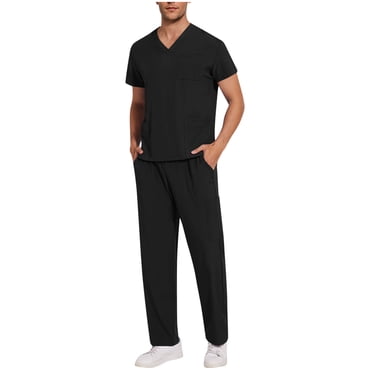 Bocqde Ensembles de Sarraus Médicaux pour Hommes 2 Pcs Tenues d'Été Unies T-Shirt à Col en V avec Pantalon de Jogging Vêtements de Travail pour Hommes Uniforme d'Infirmier avec Poches