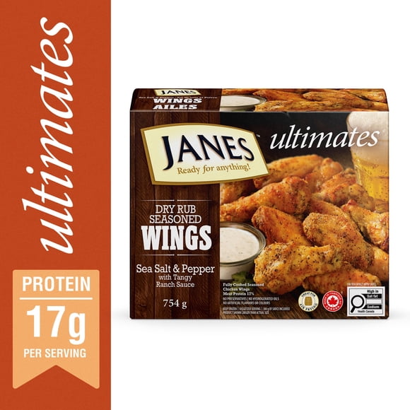 Ailes de poulet ultimes Janes® assaisonnées à la marinade sèche sel de mer et poivre, 754 g, ailes de poulet congelées. Contient : Viande blanche. Janes® Ultimates Ailes de poulet assaisonnées à sec au sel de mer et au poivre