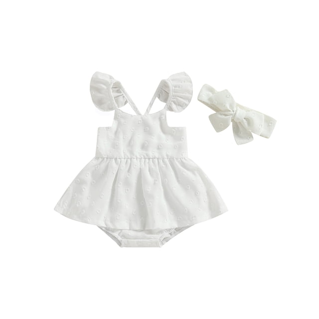 Faithtur Ensemble de Barboteuse pour Bébé Fille, Robe Trapèze à Manches Volantées et Col Ras du Cou avec Bandeau pour un Usage Quotidien Décontracté