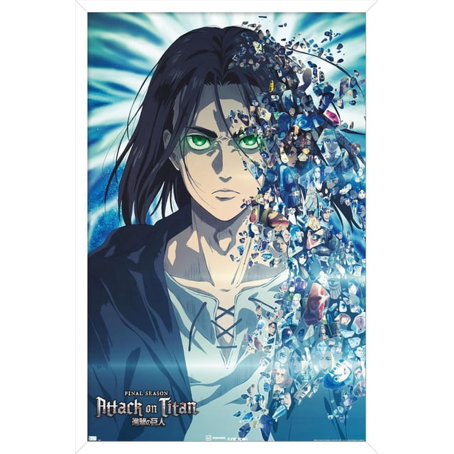 Attack on Titan : la Saison Finale - Affiche Murale de Fragments Représentant un Personnage d'Anime aux Longs Cheveux Foncés et une Chemise Blanche en Dentelle, Se Dissolvant en de Nombreux Petits Éclats Présentant des Scènes et des Personnages de la Série, sur un Fond Lumineux Bleu et Blanc, Convient à l'Art Mural et à la Déco des Fans.