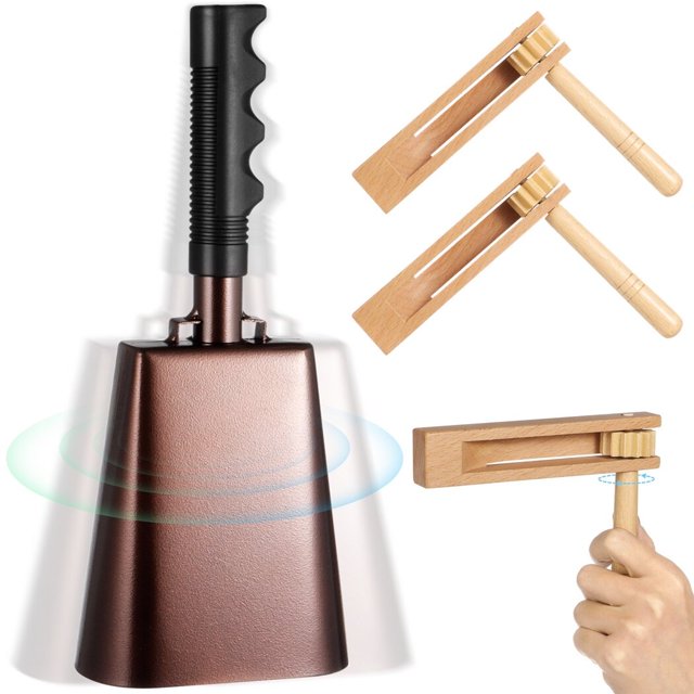 3 PCS Noise Maker Kit, 10" Metal Cowbell and Wooden Spinning Rattle Ratchet, Cowbell with Handle, Traditional Matraca Toy, Cheering Percussion Musical Instrument for Sports Events, Weddings, Parties