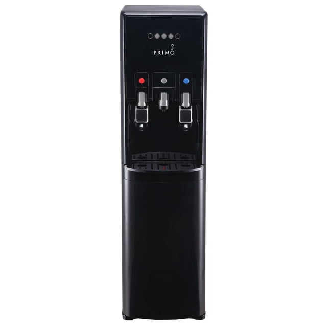 Primo hTRiO Bottom-Loading Water Cooler with Single Serve Brewing, featuring a sleek black design with paddle controls for easy dispensing. Includes fast flow dispensing for quick bottle filling, a reusable coffee filter, and stainless steel water reservoirs. Equipped with LED night light, brewing, heating, and empty bottle indicator lights. Designed for quiet cooling and heating, and requires no plumbing for setup.
