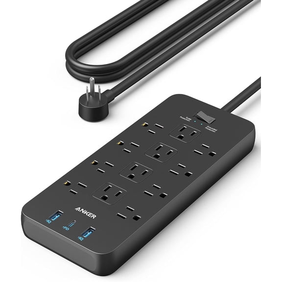Anker Barre d'Alimentation avec 3 Ports USB, Parasurtenseur (2100J-10 Pi), 12 Prises, 2 Ports USB-A et 1 Port USB-C, pour la Maison, le Bureau, Homologué TUV, Noir