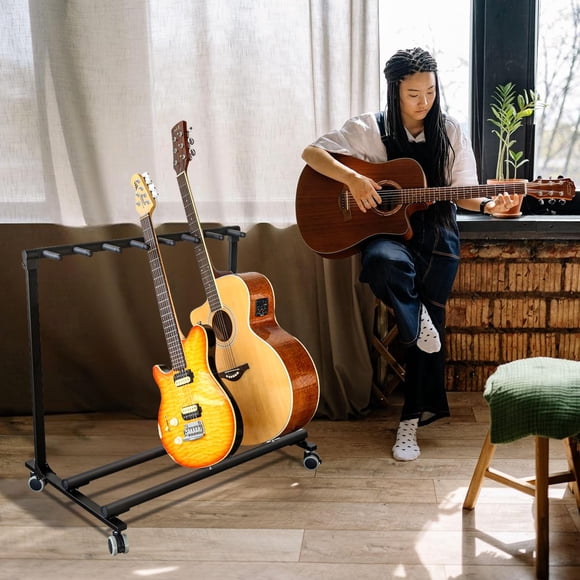 Multi-Guitar Stand Rack – 7-Slot with Wheels – Collapsible & Movable – Acoustic, Electric Guitar & Bass – No-Slip Rubber Padding – Stage, Studio & Home – Black