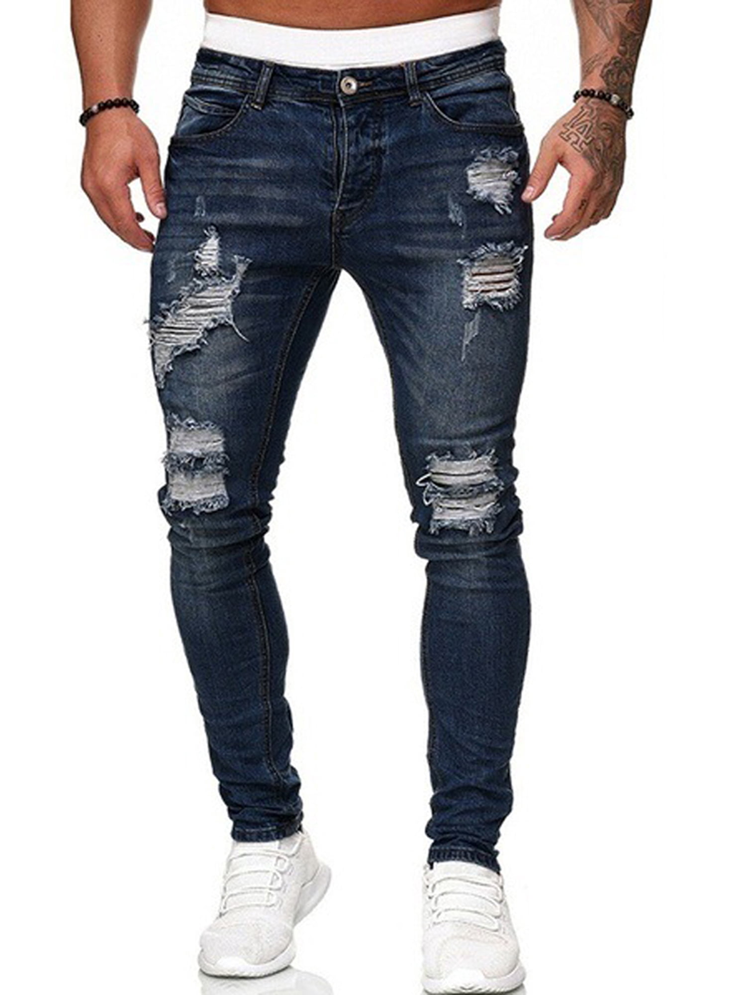 FOCUSNORM Men Casual Ripped Hole Jeans, Middle Waist Pencil Denim Trousers