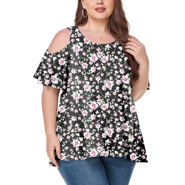 CHUANK Women‘s Plus Size Cold Shoulder Tunic Top Summer Short Sleeve Blouse