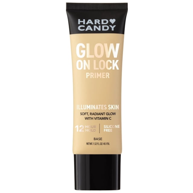 Hard Candy Glow On Lock Base de Teint à Base d'Eau Illuminante Tenue 12 Heures Apprêt pour le Visage avec Vitamine C en tube beige à Presser avec Capuchon Noir, Formule Sans Silicone Qui Lisse, Illumine et Verrouille le Maquillage pour un Éclat Radieux Convenant à Tous les types de Peau.