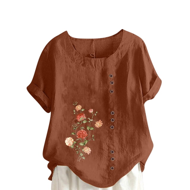 Pompotops Chemise Ample Décontractée à Manches Courtes et Col Rond pour Femmes, Imprimé Floral, Été