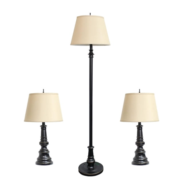 Elegant Designs Restoration Bronze Three Pack Lamp Set includes two table lamps (26 inches tall, 13.5-inch tan fabric shades) and one floor lamp (60.5 inches tall, 14.5-inch tan fabric shade) with a restoration bronze finish, ideal for home lighting and décor.