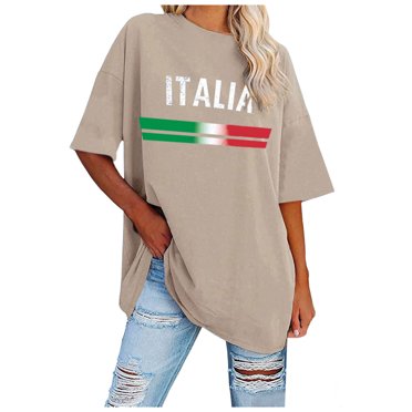 LUOGENLI Female T-shirts for Womens Women's European Cup Italian Casual Letter Print Round Neck Short Sleeved Oversized Loose T Shirt Top Womens T-shirts Graphic Tees St. Patrick's Day Beige XL
